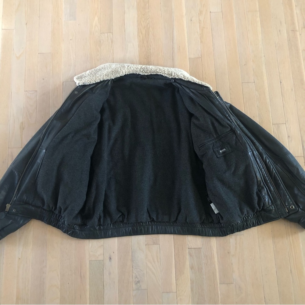Hugo Boss Black Soft Leather Removeable Sheepskin Collar Bomber Jacket Men's 46 - Picture 8 of 16